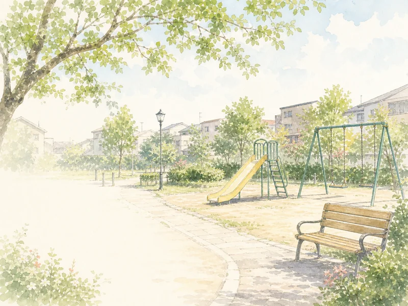 緑豊かな公園にすべり台やブランコ、ベンチが並ぶ風景