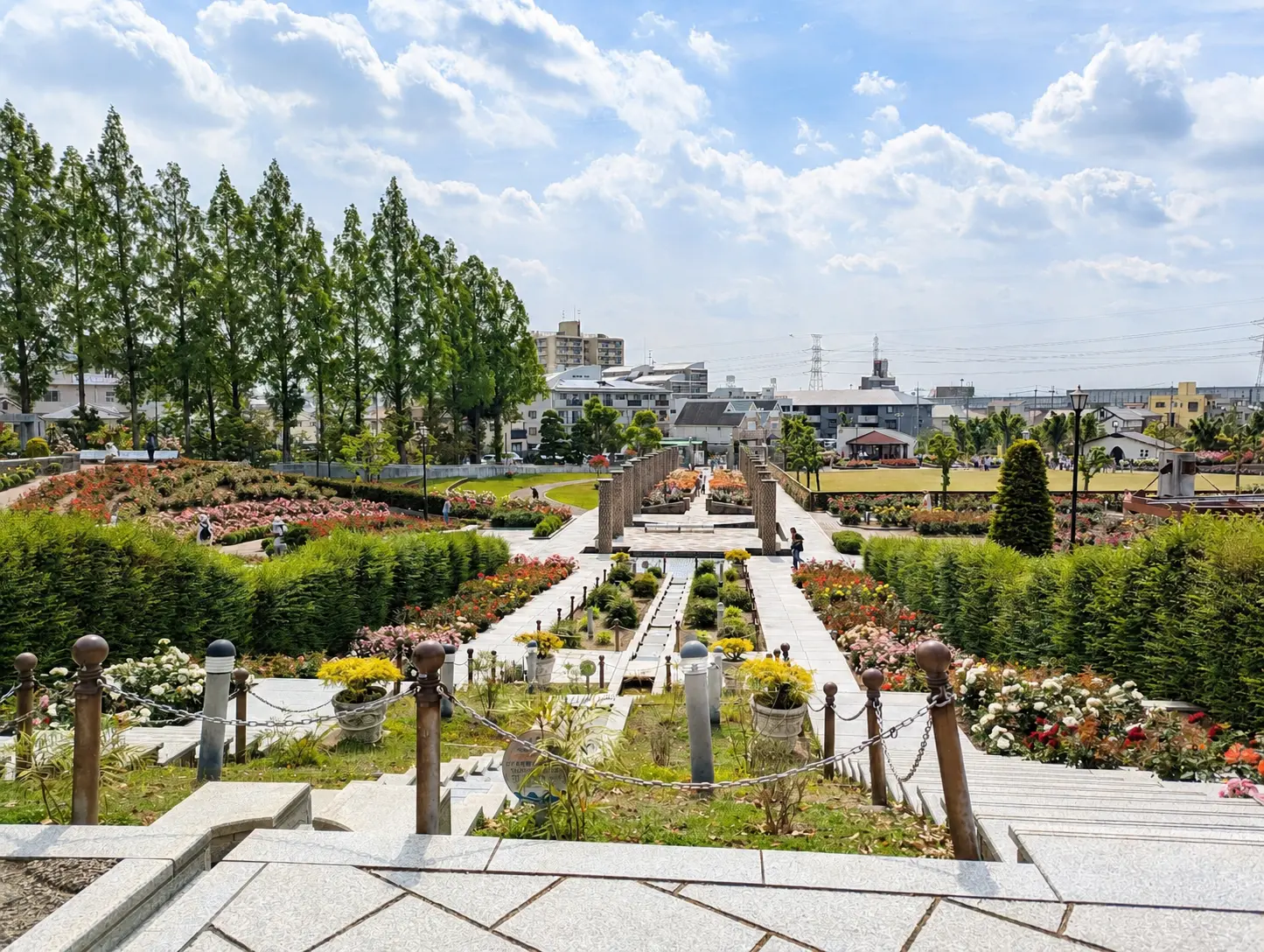 ステップ状に広がる荒牧バラ公園の南欧風庭園