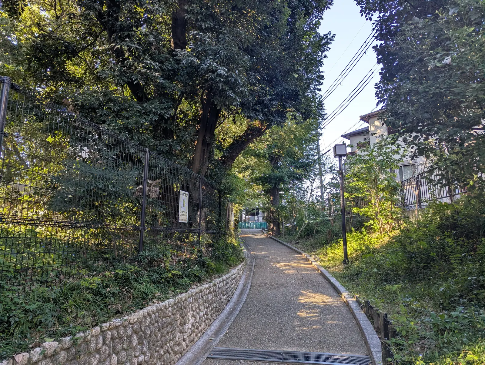 住宅と石積みの間を曲がる緑道